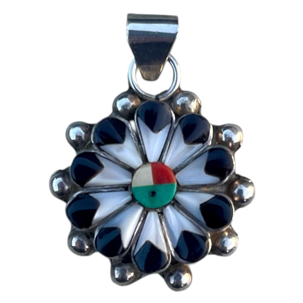 Rare Andrew Dewa Zuni Sterling Silver Pendant Sunface Motif And Mosiac Inlay
